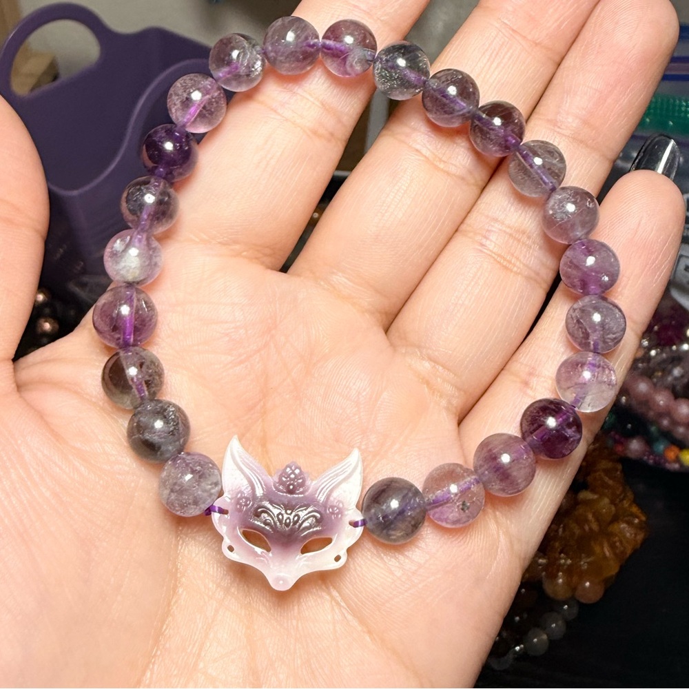 Fluorite Bracelet | 8mm Purple Blue Green Fluorite | Mother of Pearl Fox Charm - Picture 5 of 6
